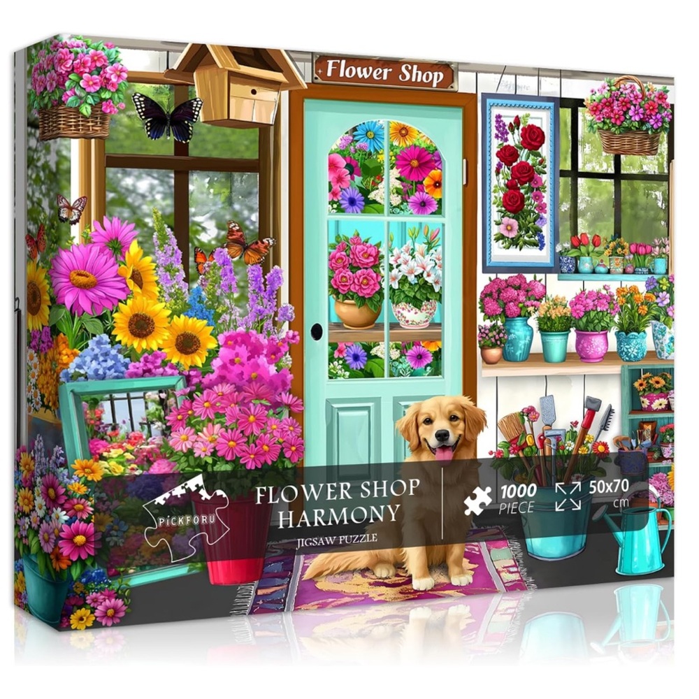 1000 Piece Floral Jigsaw Puzzle, Nature Flower Shop, Colorful Spring Garden, Dog